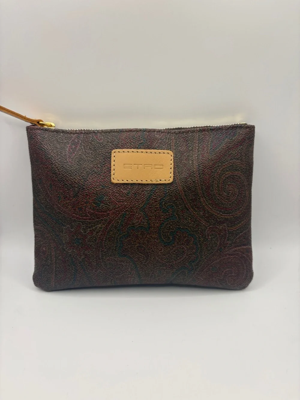 Etro Dark Brown Paisley Leather Zip Cosmetic Pouch with Tan Patch 6 34/“ X 5”